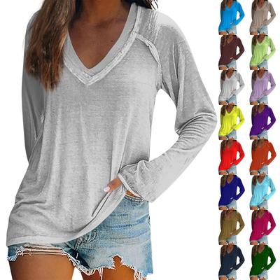 Женская футболка с длинным рукавом, V-образный вырез, однотонный повседневный свободный топ с длинным рукавом