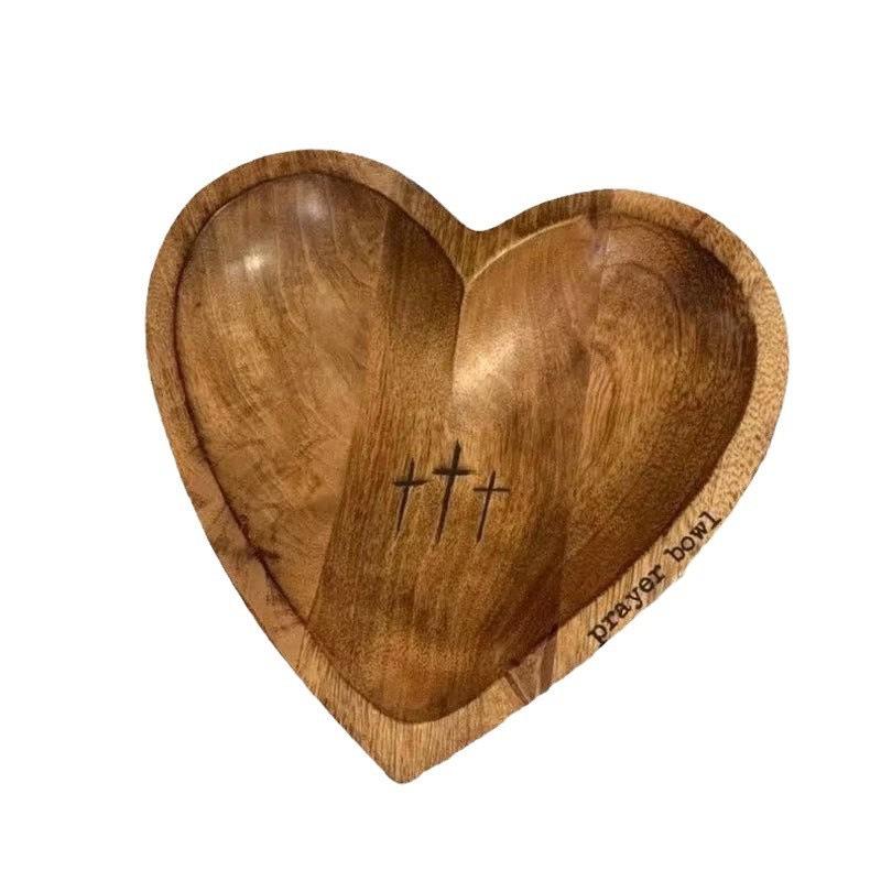 Vintage Wooden Heart Shaped Prayer Bowl with Cross and ‘Prayer’ Text - Perfect for Home Decor, Living Room or Prayer Room