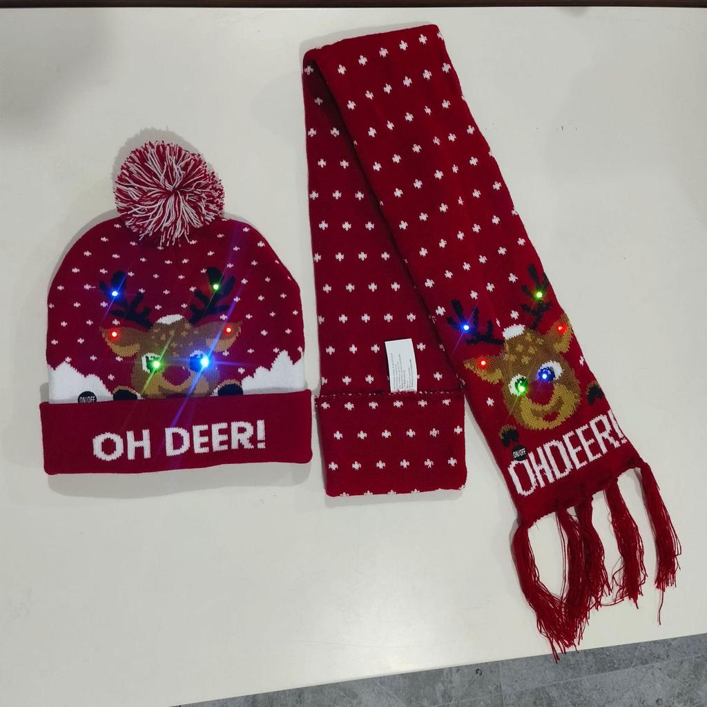 LED Light-Up Elk Jacquard Knit Hat & Scarf Set for Christmas & New Year.