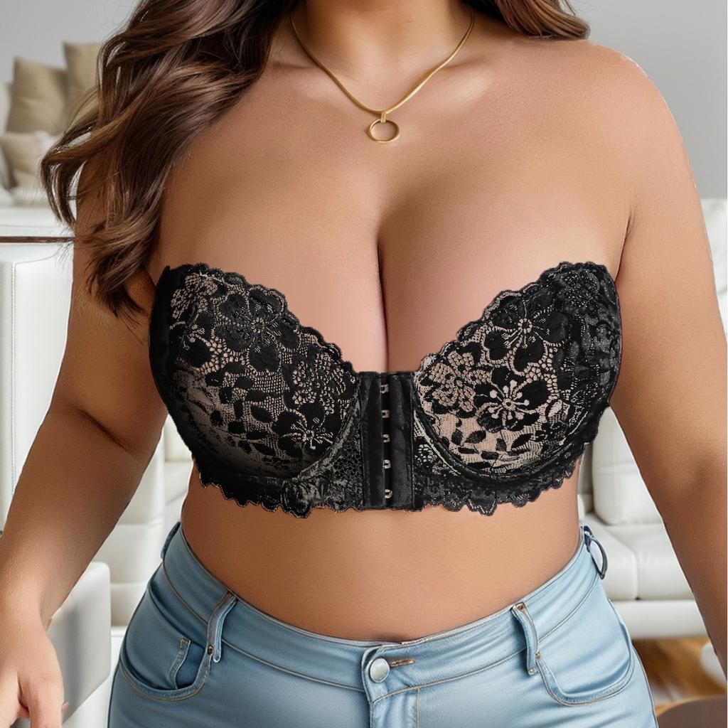 Европейский и американский пуш-ап и боковая поддержка, предотвращающий провисание, большой размер, без бретелей, кружевной сексуальный бюстгальтер на передней застежке