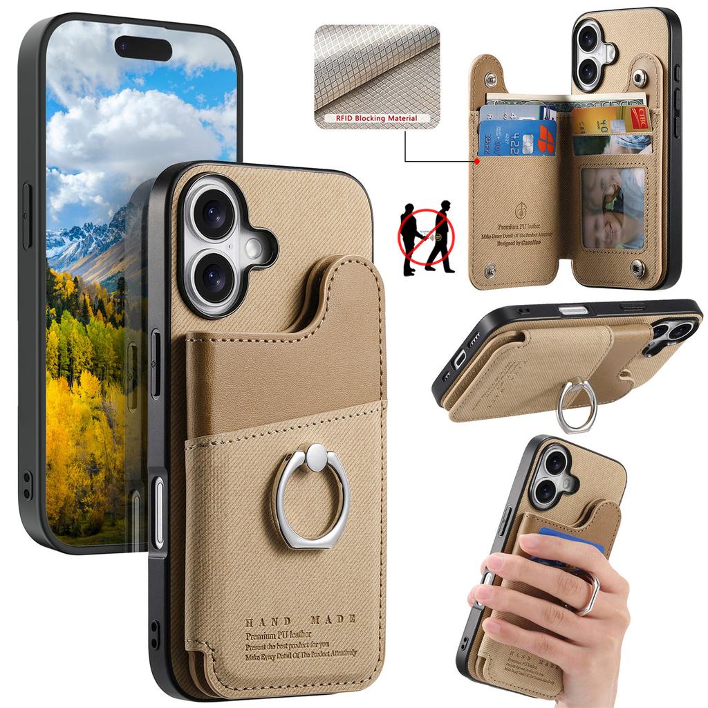 For iPhone 16 Case with Card Holder Kickstand Leather+TPU+PC Phone Cover