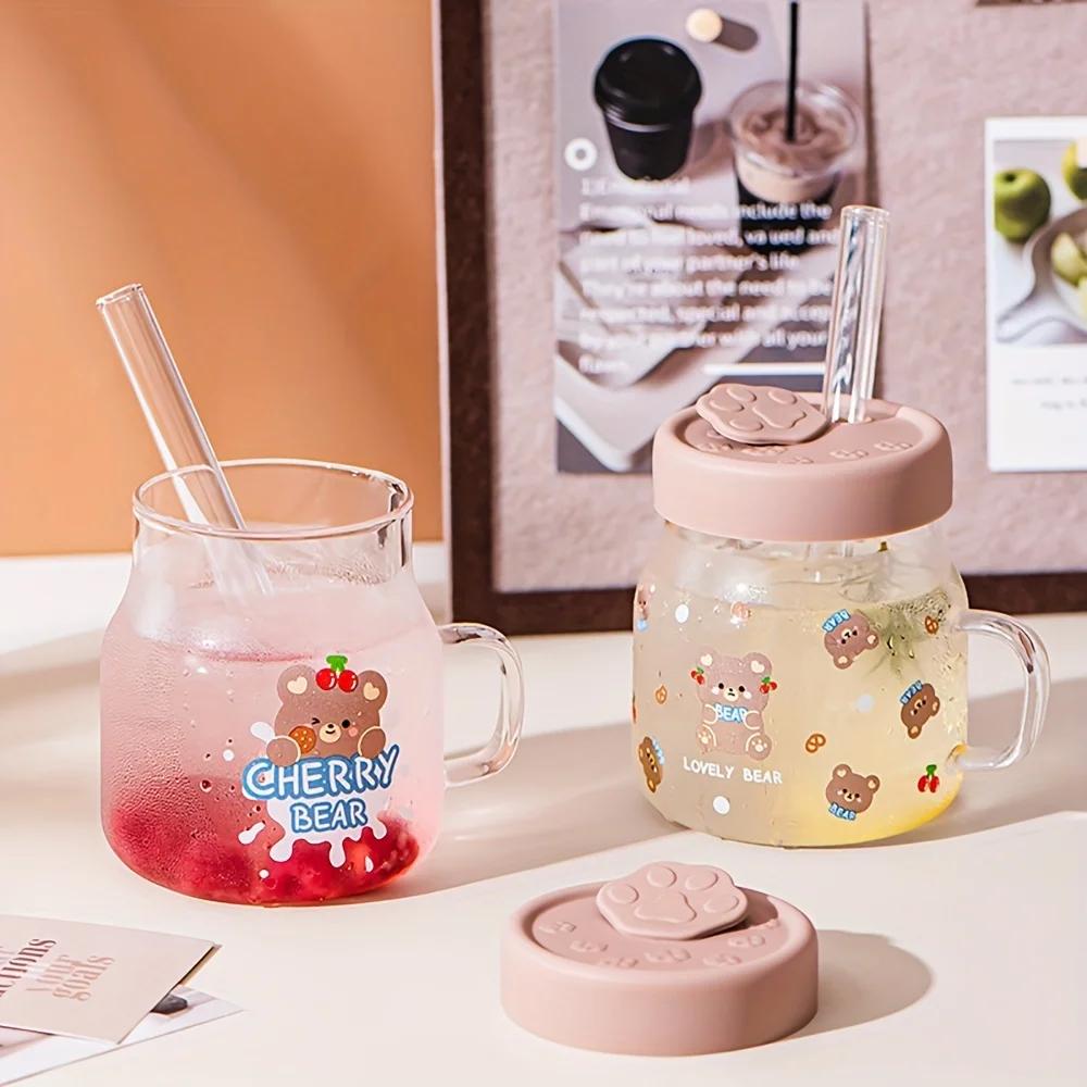 1 шт. 500 мл Мультяшная стеклянная чашка с медведем с крышкой и соломинкой, кружка для воды из высокоборосиликатного стекла с ручкой, стаканы для холодного кофе, стаканы для питья