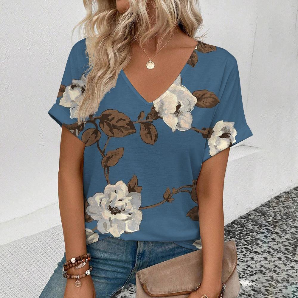 Женская футболка с коротким рукавом и V-образным вырезом Футболка с цветочным принтом в стиле ретро Модная футболка с коротким рукавом Летняя женская футболка для отдыха