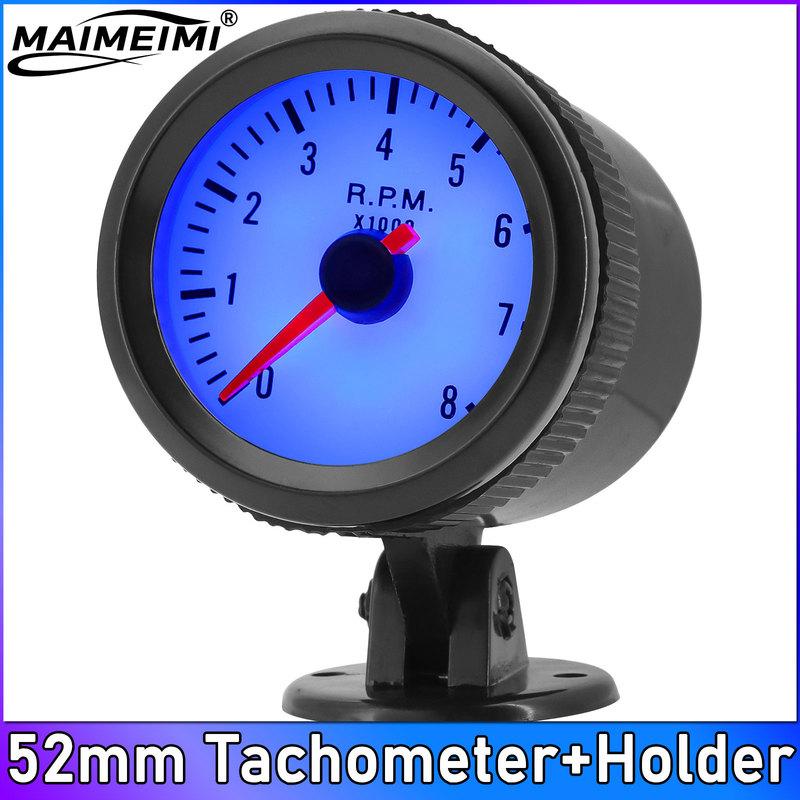 52mm RPM Meter Tachometer + Gauge Holder Blue LED Tacho Gauge 0-8000 RPM Black for 1-8 Cylinder Engine Car Gauge 12V