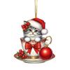 Acrylic Teacup Cat Hanging Ornaments Cute Cartoon Cat Christmas Ornament 2D Flat Car Mirror Charm for Christmas Tree Decoration