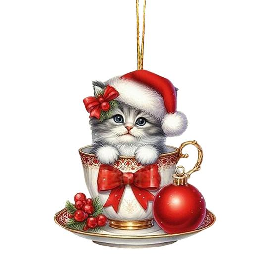 Acrylic Teacup Cat Hanging Ornaments Cute Cartoon Cat Christmas Ornament 2D Flat Car Mirror