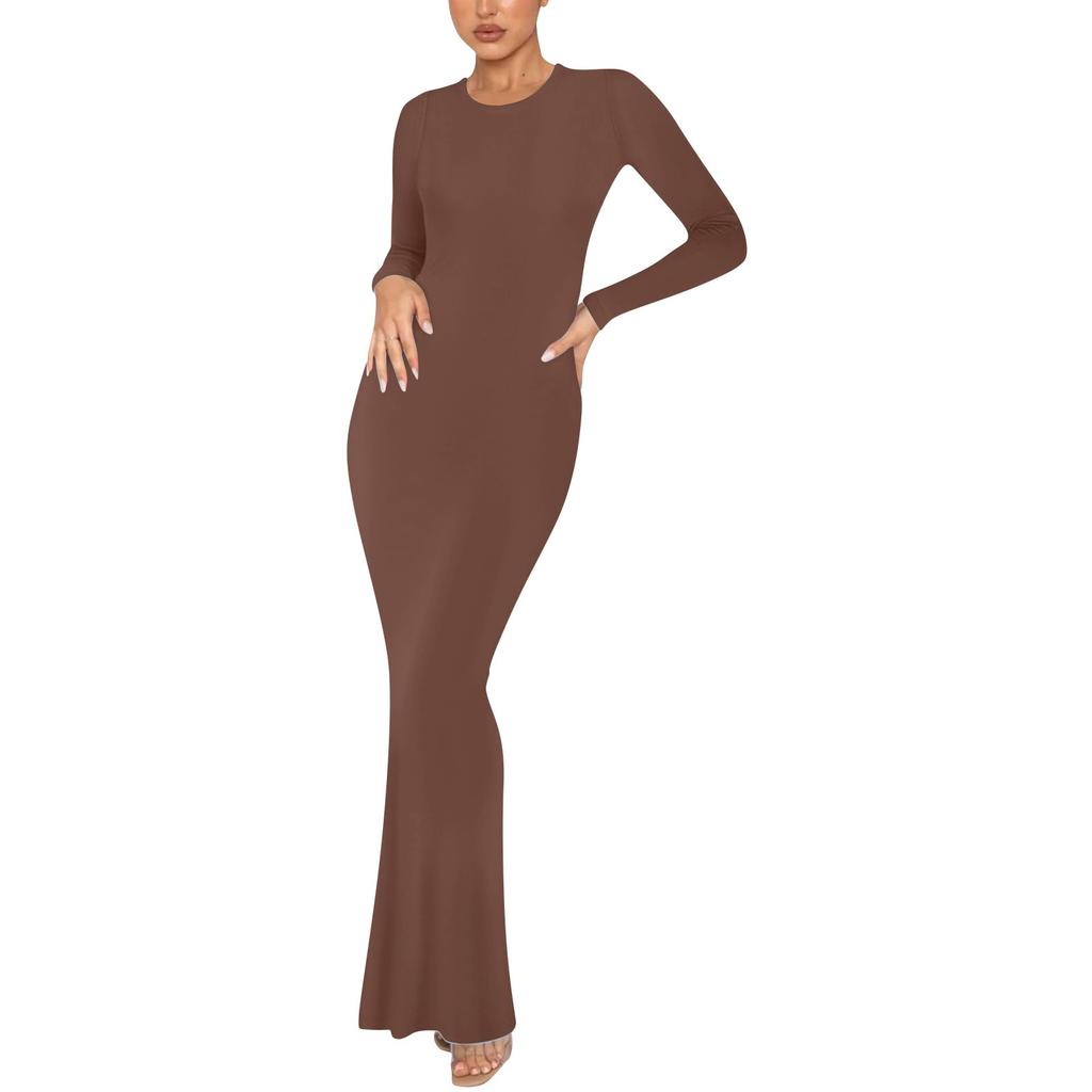 Женское модное и элегантное однотонное облегающее длинное платье с круглым вырезом и длинными рукавами