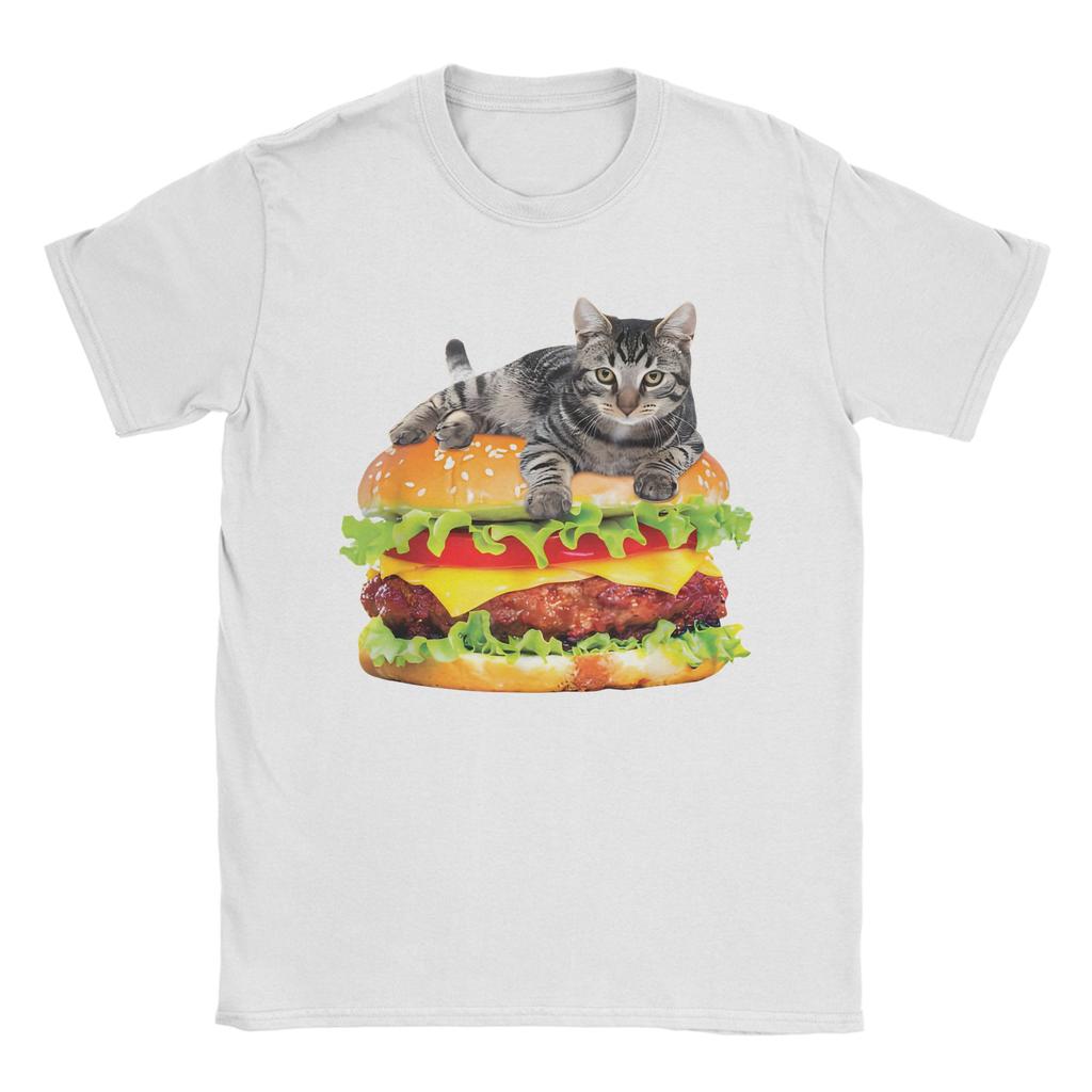Мужские Футболки с Котом-Космонавтом и Гамбургером Смешные Котята Хлопковый Топ Пляжный Уличный Стиль Футболка с Круглым Вырезом Модная Футболка Большой Размер