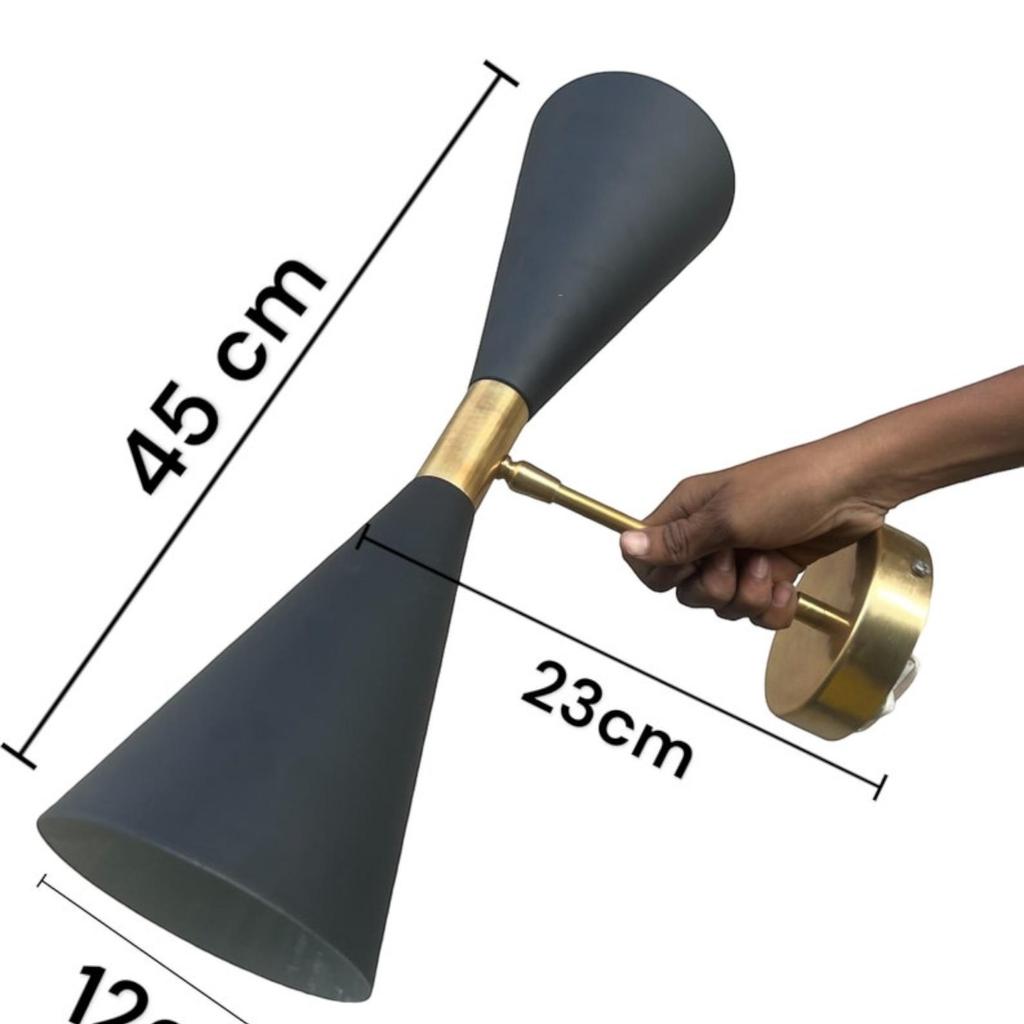 Mid-Century Italian Stilnovo 17-Inch Diabolo Sconce - Black & Brass Double Cone Wall Light Fixture For Vanity, Bathroom, Kitchen