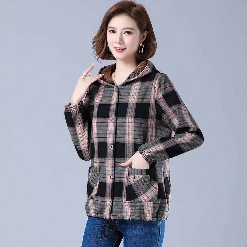Осенне-зимний женский укороченный кардиган больших размеров с капюшоном, пальто на пуговицах, клетчатая теплая повседневная куртка
