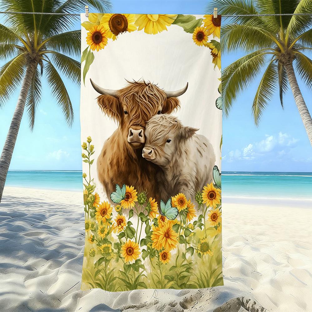 European And American Retro Highland Beef Printing Beach Towel Microfiber Thickened Water Absorption Quick Drying Outdoor Bath Towel