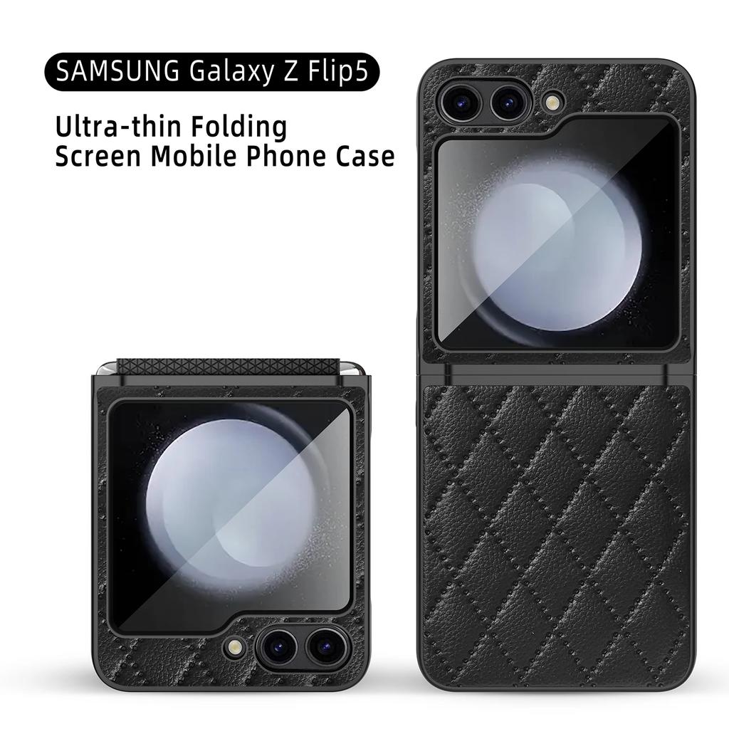 PU Rhombus Leather Phone Case for Samsung Galaxy Z Flip 5 Flip5 ZFlip5 5G Hard Shell Shockproof Protective Cover