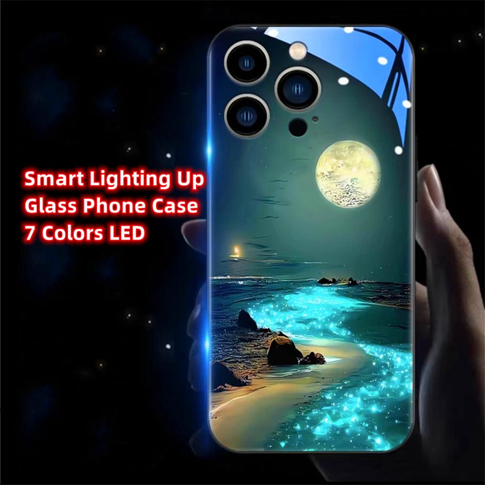 Luminous Phone Case Meteor Beach Luminous Glass LED Call Flash Phone Protective Case Suitable for IPhone