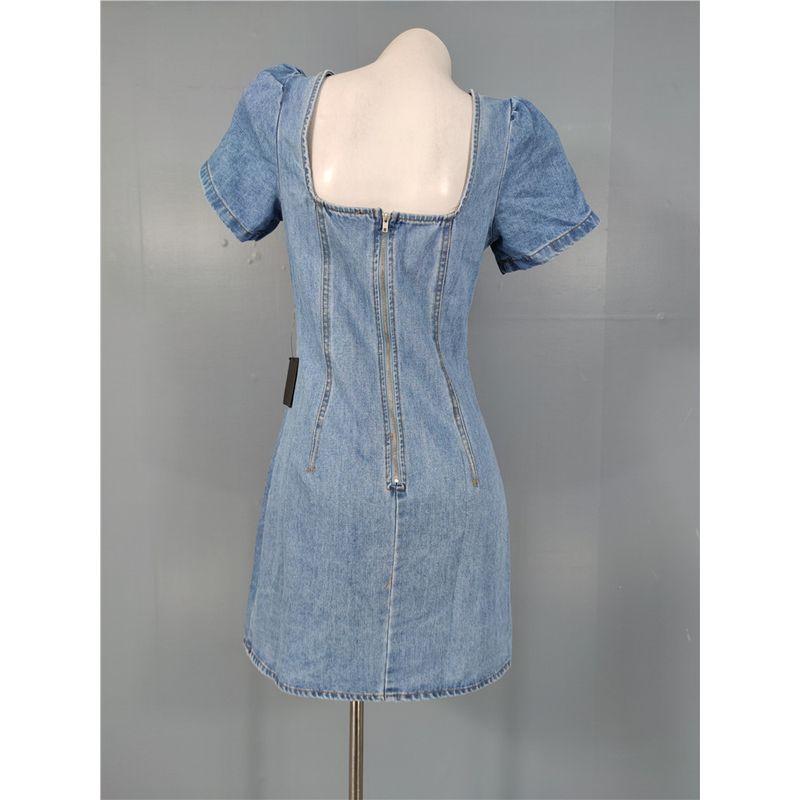 Export Single Lu Home Elegant V Neck High Waist Slimming Commuting All-Matching Jeans Short Sleeve Casual Daily Summer Dress