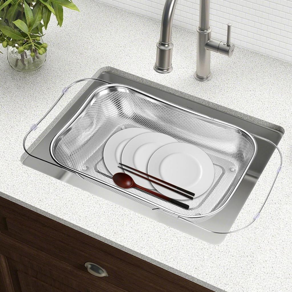 Дуршлаг из нержавеющей стали над раковиной с телескопической ручкой, металлическая сетчатая корзина-дуршлаг для мытья фруктов и овощей