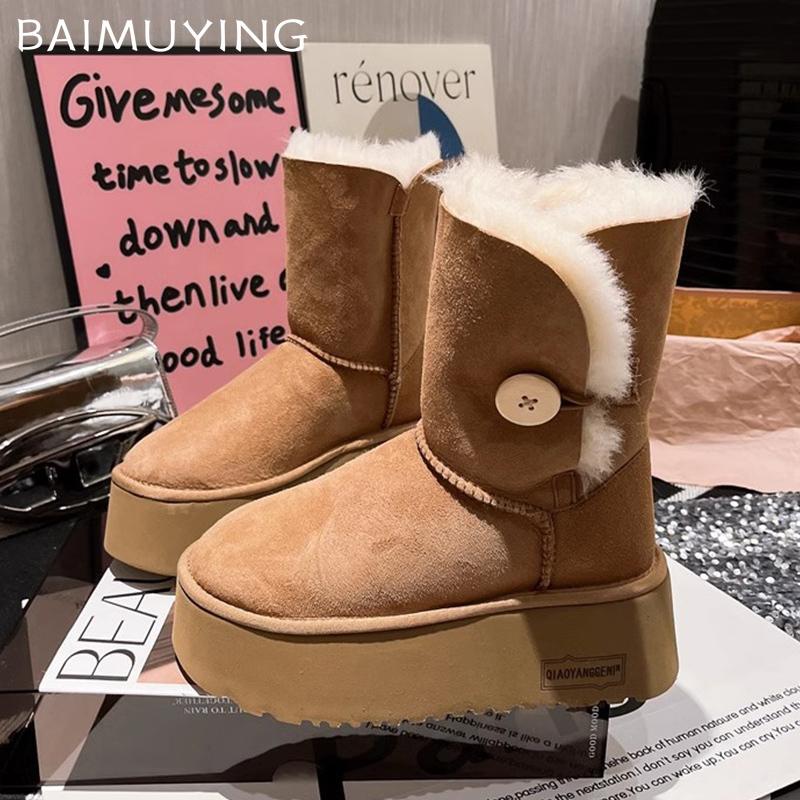 Замшевые женские зимние ботильоны на платформе, меховые короткие плюшевые туфли на среднем каблуке из хлопка, тренд 2025 года, зимние теплые повседневные нескользящие ботинки Mujer