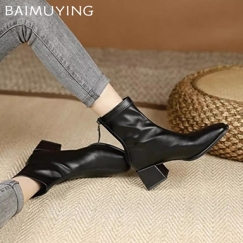 Chunky Women Ankle Boots Mid Heels Square Toe Retro Leather Shoes 2025 Trend Designer Goth Pumps Winter Chelsea Botas De Mujer