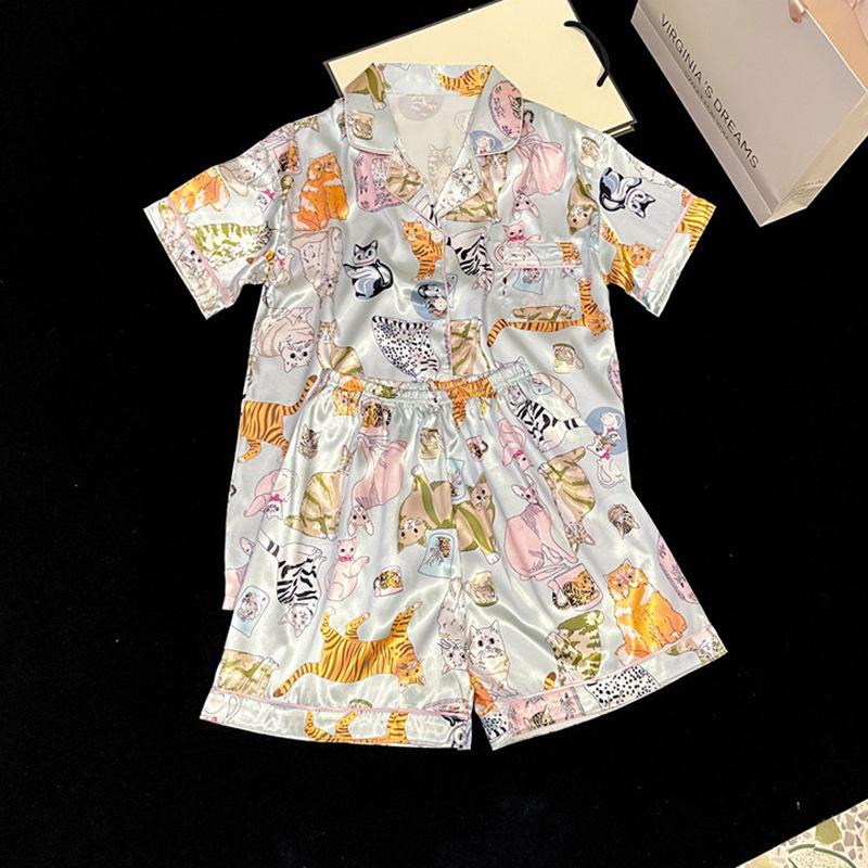 Solid Color Ice Silk Pajamas Women'S Summer Thin Foreign Style High-Value Short-Sleeved Loungewear Two-Piece Set Can Be Worn Outside