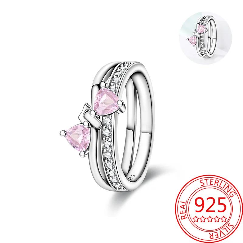 Authentic Copper Metal Metal Valentine's Day Rings Sweet Pink Zircon Princess Bows Designed For Women Ring Romantic High Quality Fine High Quality