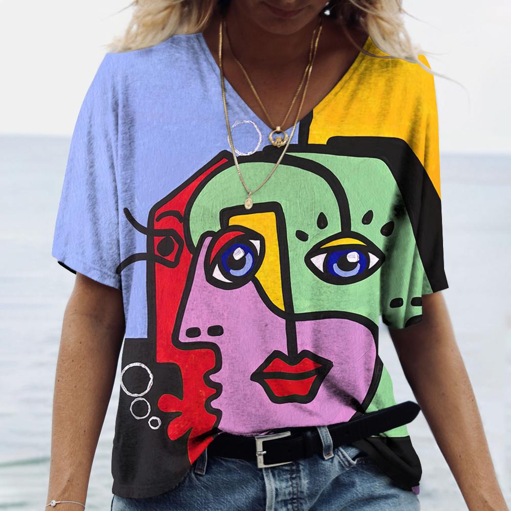 Летние футболки с 3D-принтом в стиле абстракционизма для женщин, модная уличная одежда, футболка с коротким рукавом и V-образным вырезом, футболки Harajuku, топы, одежда