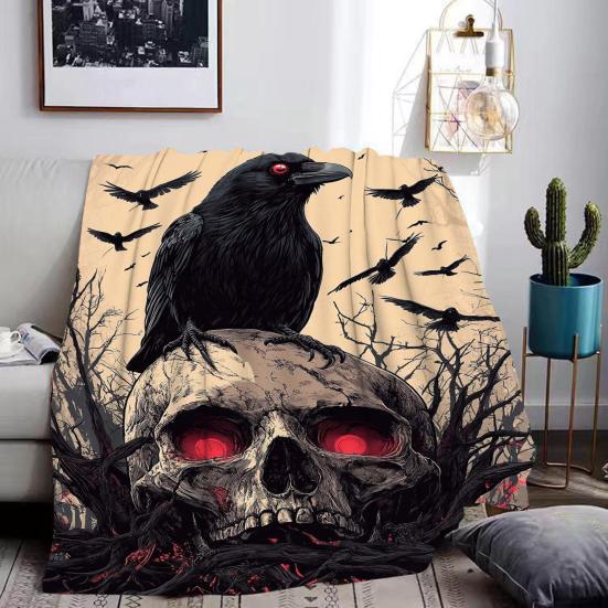 Gothic Flannel Blanket Creepy Red Eye Skull Crow Throw Blanket Washable Cozy Blanket for Men Women Boys Girls Sofa Couch Bed Use