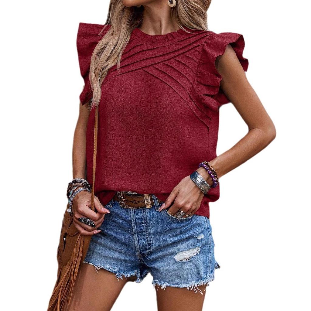 Hundred Fold Shoulder Ruffle Sleeves Solid Color Top Short Sleeved T-shirt Women's Clothing