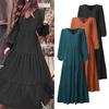 Women Spring Fall Dress Round Neck A-line V Neck Pleated Long Sleeves Solid