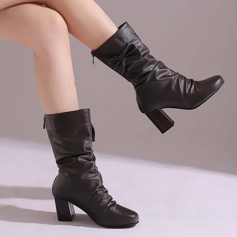 Женские сапоги на высоком каблуке осень-зима новые однотонные сапоги на толстом каблуке большого размера среднего размера
