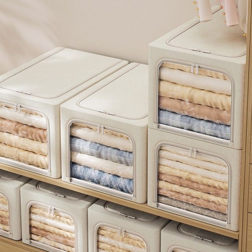 Foldable Steel Frame Storage Box Clear Window Clothes Storage Box Wardrobe Organizer  Thick Fabric