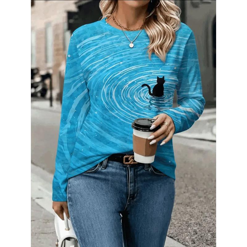 Women's Autumn and Winter 3D Star Printed Crew Neck Long Sleeve T-Shirt