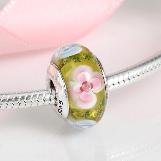 100 %Authentic 925 Sterling Silver Pink Heart Murano Glass Beads Fit Original European Charms Bracelet Jewelry