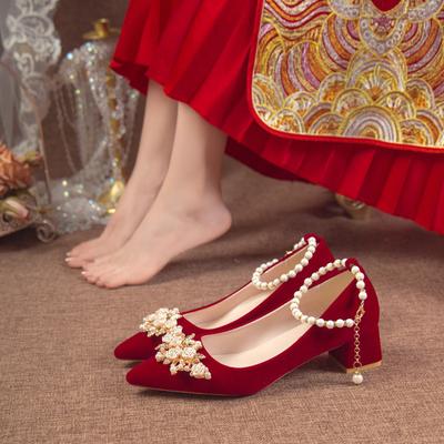 Красные свадебные туфли на высоком каблуке женские новые ремешки с бисером невеста тосты Сюхэ свадебное платье два способа носки не устают ноги женская обувь