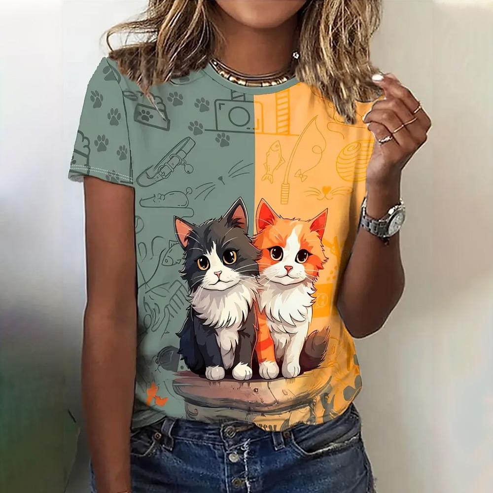 Женская мода 3D абстрактный рисунок кошки напечатаны короткие рукава топы 2024 новая женская одежда футболки летние свободные блузки и футболки