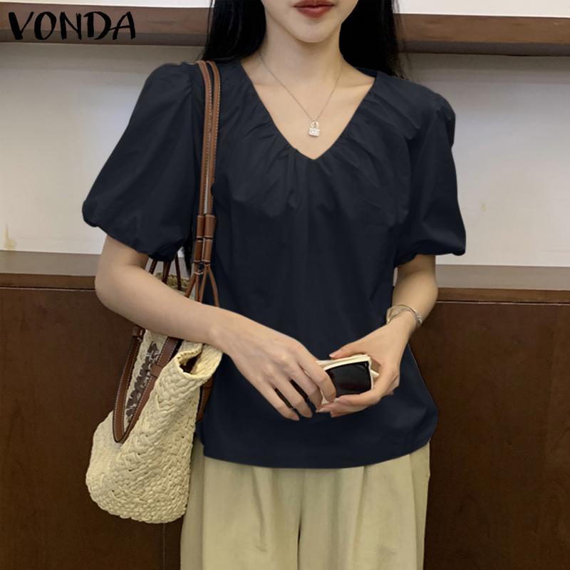 VONDA Women Summer V-Neck Puff Short Sleeve Blouses