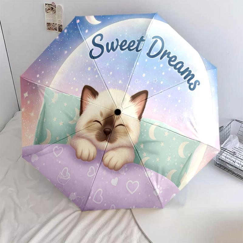 1 шт. Автоматический складной зонт - С рисунком милого спящего кота, Портативная и складная конструкция с 8 спицами, Рождественские и новогодние подарки на день рождения
