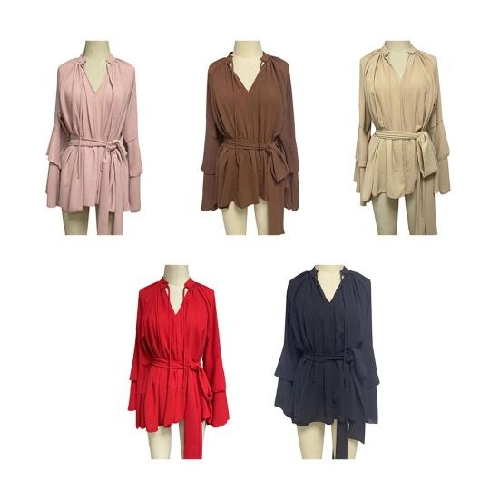 Summer Ruffle Long Sleeve Dress for Women Casual V Neck