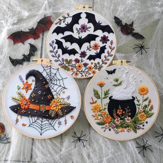 1 Set Halloween Embroidery Kit with Hoop Threads Scissors Threader Beginners Gothic Stamped Cross Stitch Hand Embroidery Starter Kit