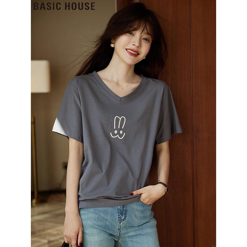 Basic House Women's V-Neck Short Sleeve Printed T-Shirt