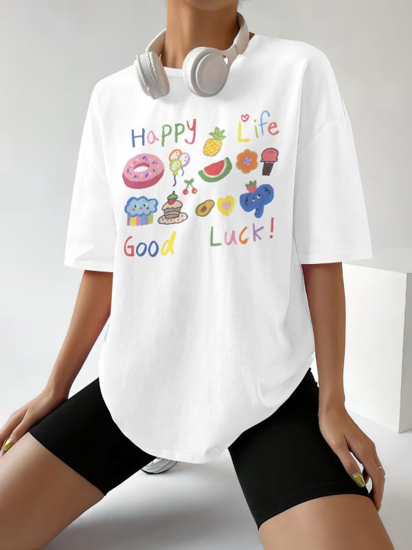 Happy Life Streetwear Tshirts Female Oversized Harajuku Funny T Shirts Egirl Korean Fashion Graphic Tees Tops Women Clothing