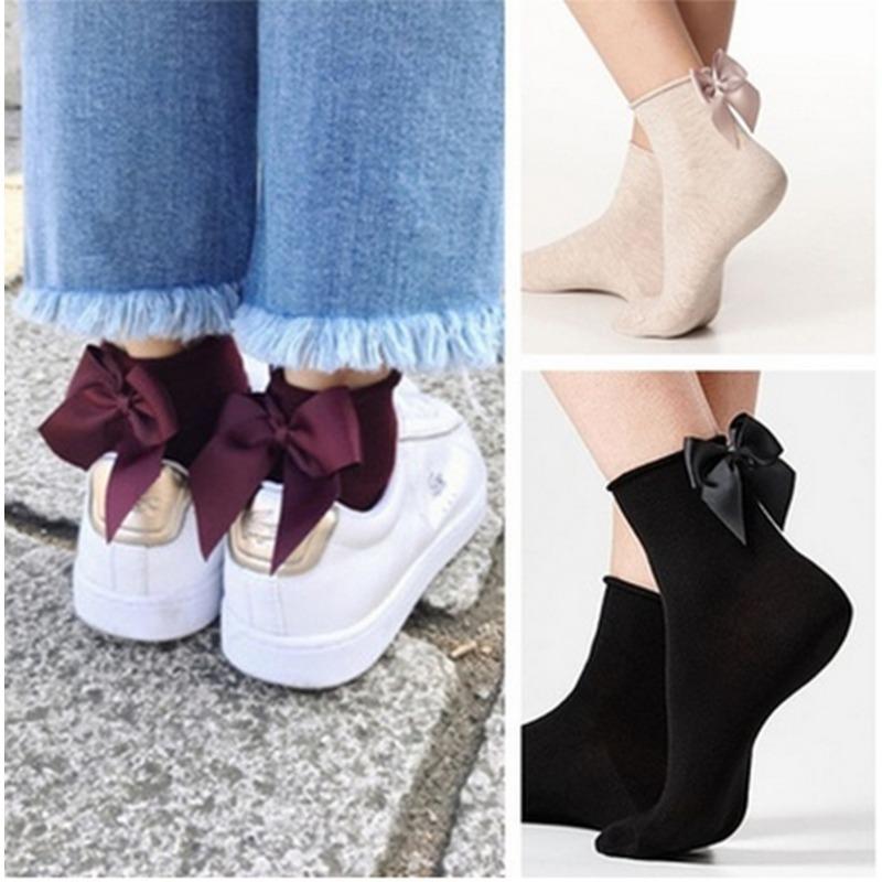 Женские модные хлопковые носки с большим бантом, однотонные повседневные женские короткие носки
