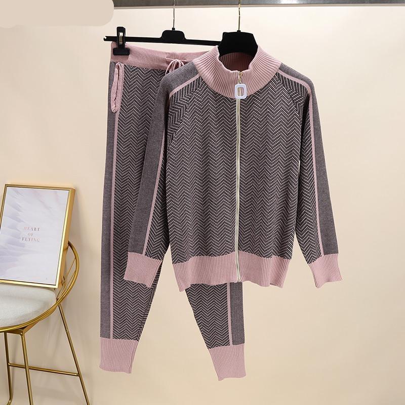 New Tracksuit Woman Patchwork Turtleneck Zipper Knitted Cardigans+Pants 2 Piece Set Knit Top Trouser Outfit