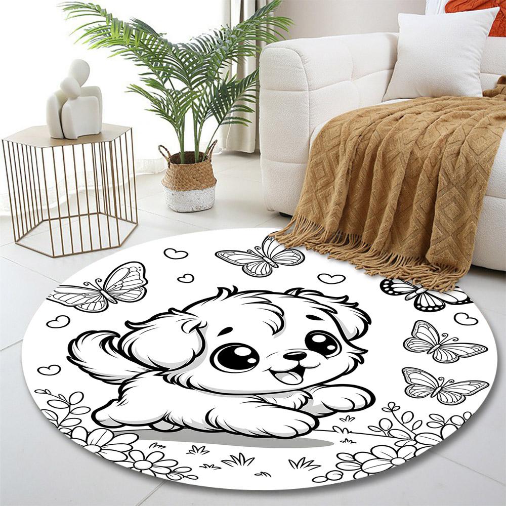 Playful Puppy with Butterflies Print round rug, living room, bedroom, playroom carpet, non slip floor mat, gift