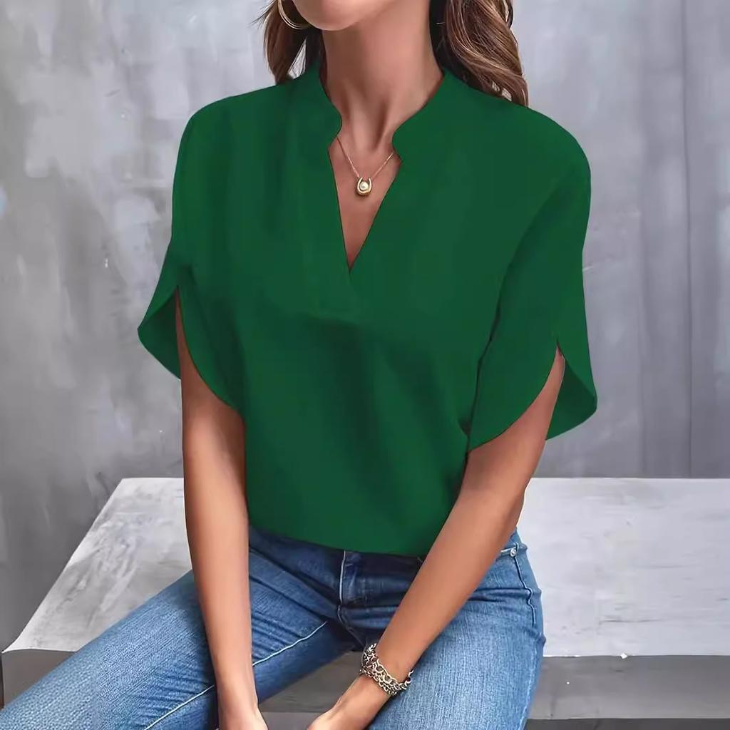 Women's Summer Casual Solid Colour V-Neck Loose Shirt Top