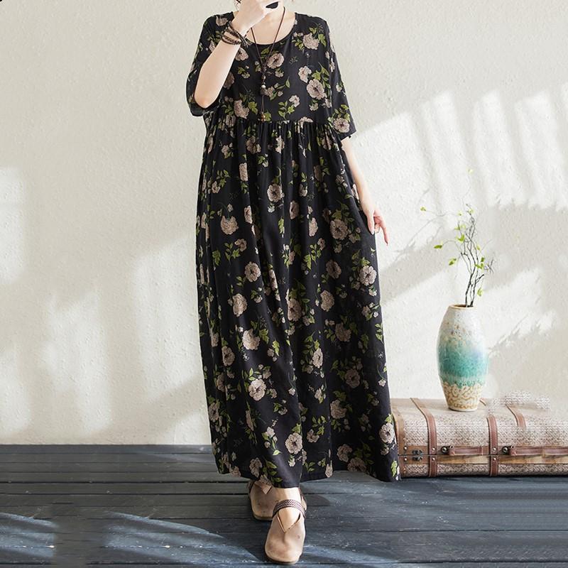 Новое платье из хлопка с короткими рукавами и цветочным принтом, повседневное свободное длинное летнее платье для женщин