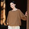 Johnature Женские винтажные футболки однотонные с длинным рукавом и круглым вырезом осенние свободные женские футболки с карманами