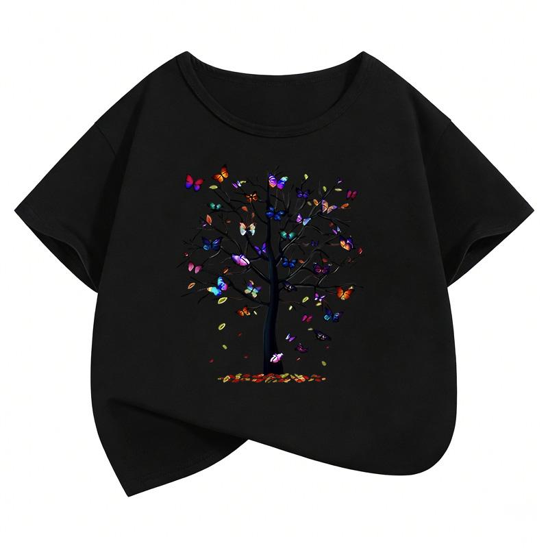 Vintage Butterfly with Tree Funny Design Kids Childrens Tshirt Short Sleeve Boys Girls Summer Spring Casual Top Tee Shirt