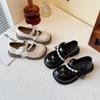 Girls Flats Round Toes Mesh Lace Bows Kids Princess Shoes Beads 2025 New Children Leather Shoes Black Glossy Ins Trendy Sweet