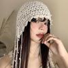 Summer Ethnic Style Knitted Hat with Hollow Pearl Tassel Pendant - Retro Face-Showing Design for Women