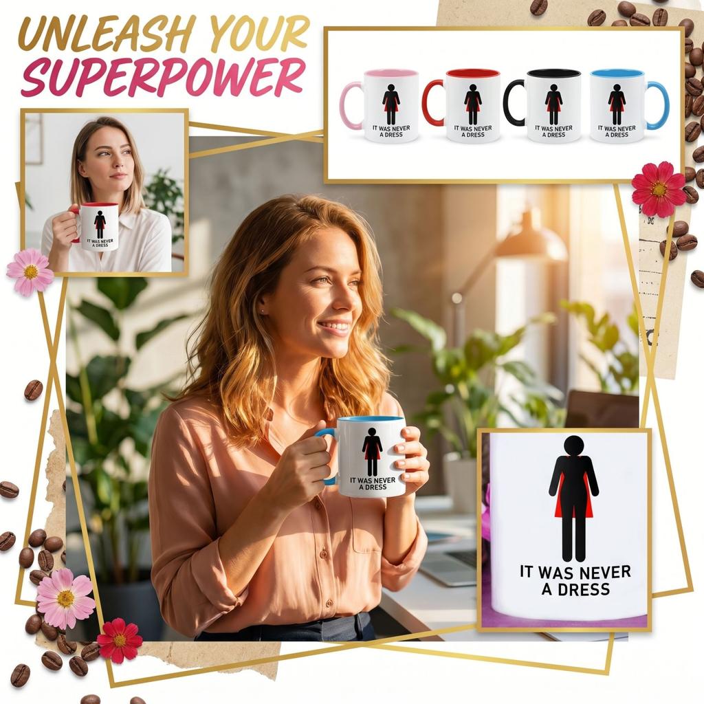 Ceramic Coffee Mug with Feminine Empowerment Graphic It Was Never a Dress Design Office Desk Cup for Women Friends Birthday Gift