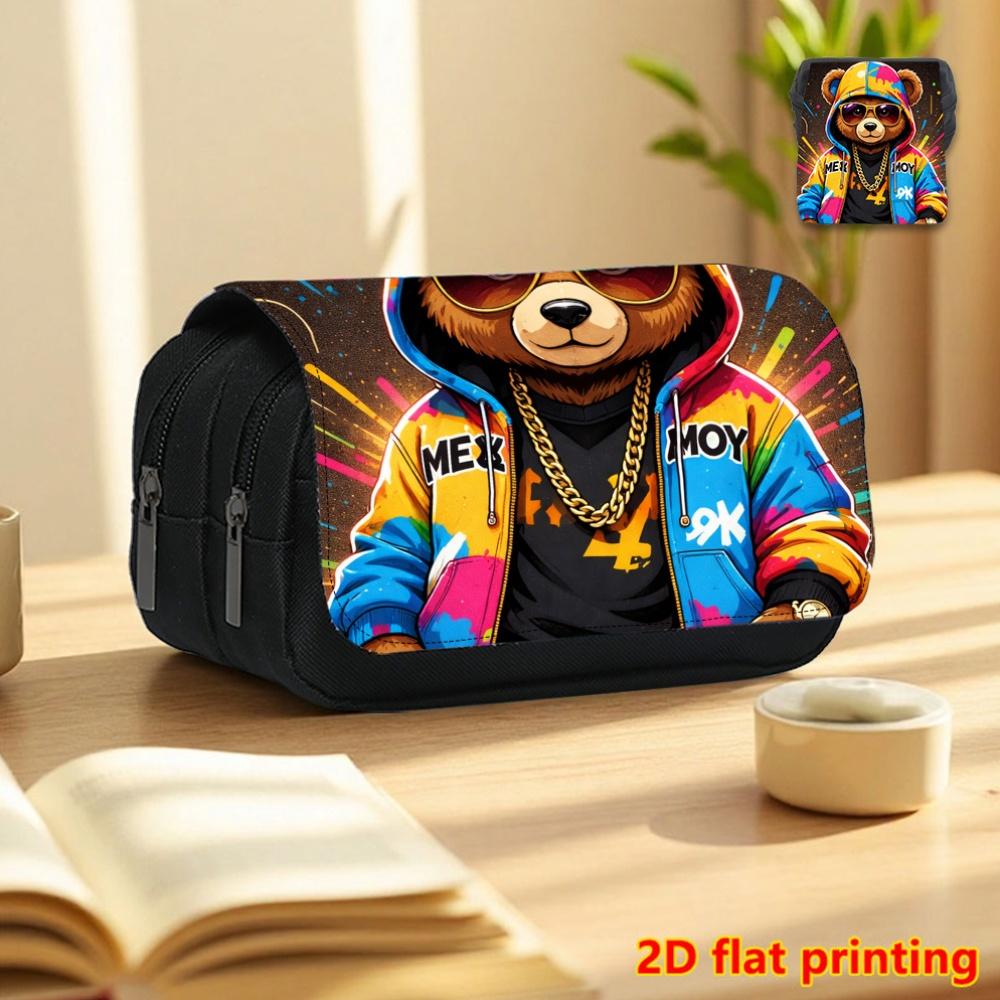 1pc Trendy Teddy Bear 2D Flat Printing Double-Layer Flip Black Pencil Case - Back-To-School Essential Pencil Box, Daily Multifunctional Makeup Bag, La
